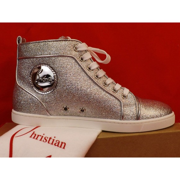 NIB LOUBOUTIN BIP BIP SILVER ORLATO FLAT LUREX LEATHER HI TOP SNEAKERS 39.5 - Picture 2 of 12